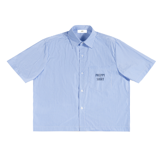 "Preppy Shirt" in Blue Font - Oversized Vertical Stripe Boxy Shirt